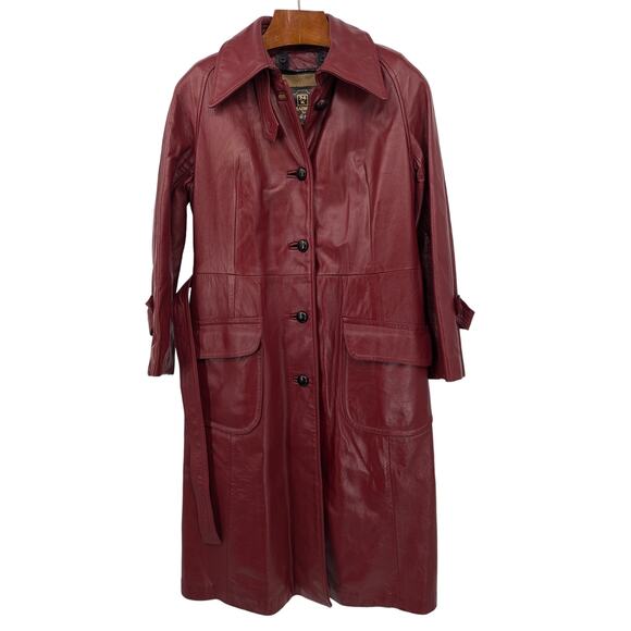 Vintage 24K Leather by Dan di Modes Burgundy Belted Trench Coat Women’s Size 14 - Picture 3 of 8